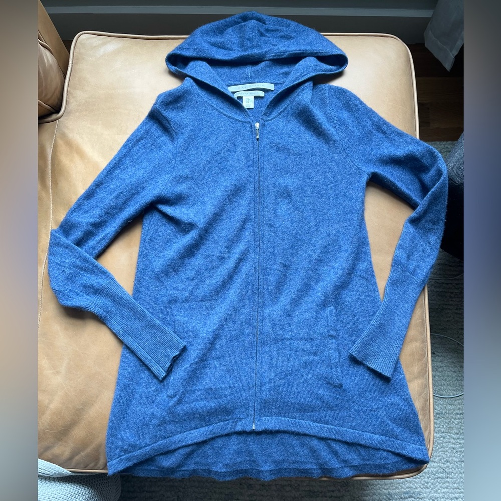 Max Studio Blue 100% Cashmere Zip-Up Hoodie Sweater